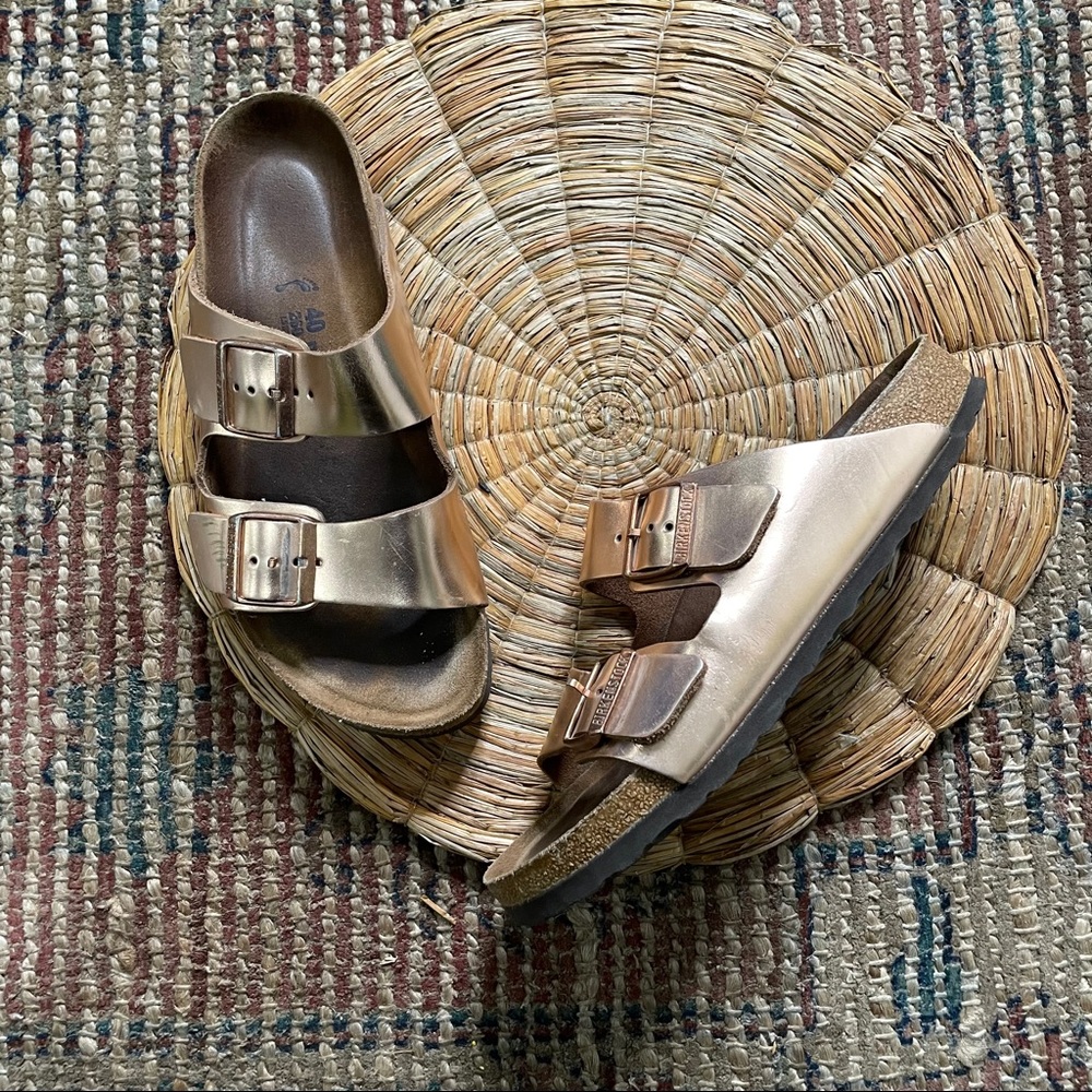 Birkenstock Madrid Metallic Rose Gold Two-Buckle Sandals